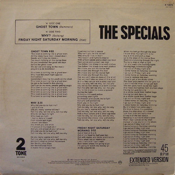The Specials : Ghost Town (Extended Version) (12", Ltd)