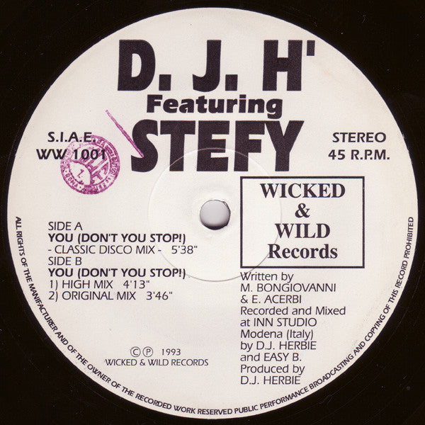D.J.H' Feat. Stefy* : You (Don't You Stop) (12")