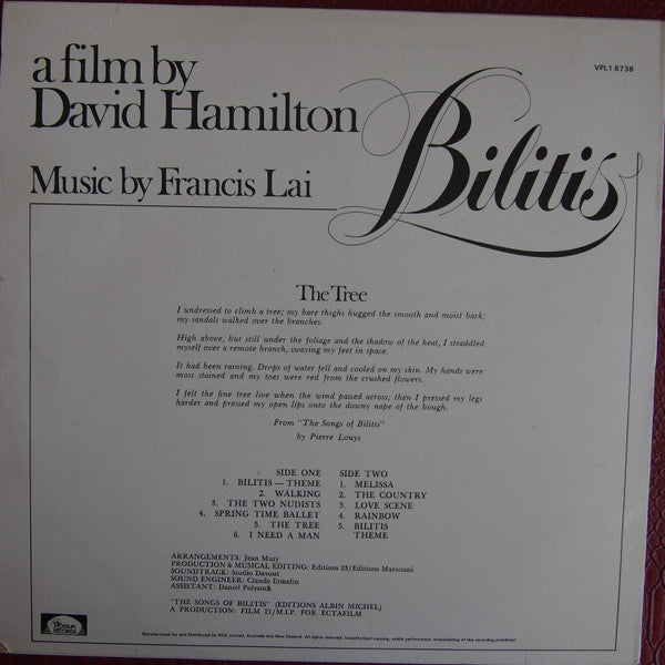 Francis Lai : Bilitis (Original Motion Picture Soundtrack) (LP, Album)