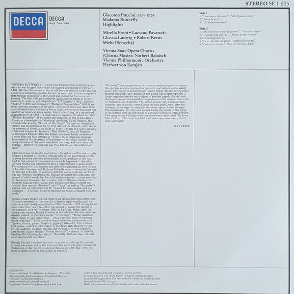 Giacomo Puccini, Mirella Freni, Luciano Pavarotti, Christa Ludwig, Robert Kerns, Wiener Philharmoniker, Herbert von Karajan : Madama Butterfly Highlights (LP, Album)