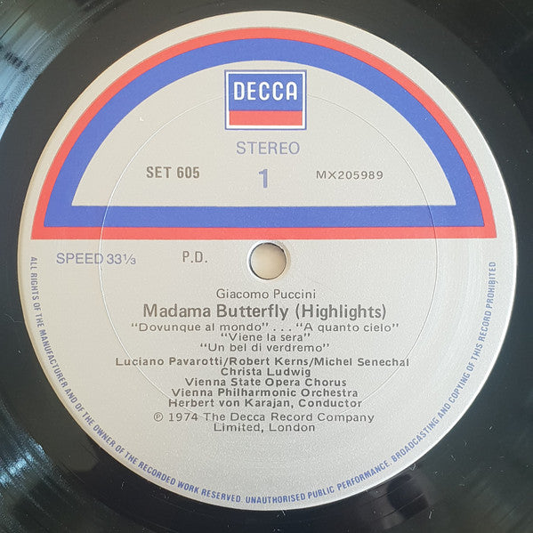 Giacomo Puccini, Mirella Freni, Luciano Pavarotti, Christa Ludwig, Robert Kerns, Wiener Philharmoniker, Herbert von Karajan : Madama Butterfly Highlights (LP, Album)