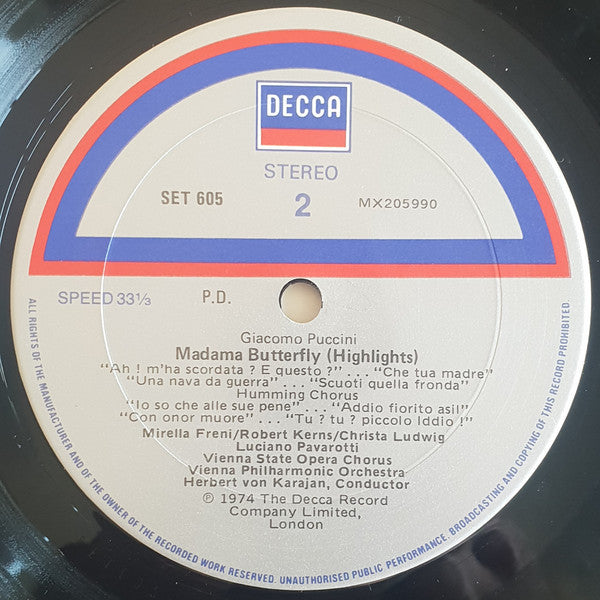 Giacomo Puccini, Mirella Freni, Luciano Pavarotti, Christa Ludwig, Robert Kerns, Wiener Philharmoniker, Herbert von Karajan : Madama Butterfly Highlights (LP, Album)