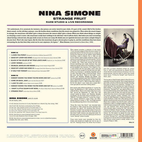 Nina Simone : Strange Fruit, Rare Studio & Live Recordings (LP, Comp, Ltd, Ora)