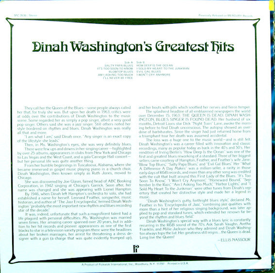 Dinah Washington : Dinah Washington's Greatest Hits Volume 1 (LP, Comp, Enh, RE)