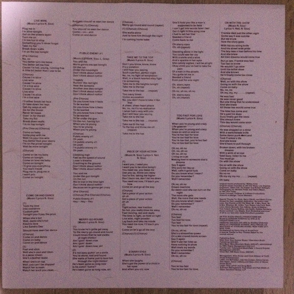 Mötley Crüe : Too Fast For Love (LP, Album, RE, Bla)