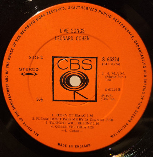 Leonard Cohen : Live Songs (LP, Album)