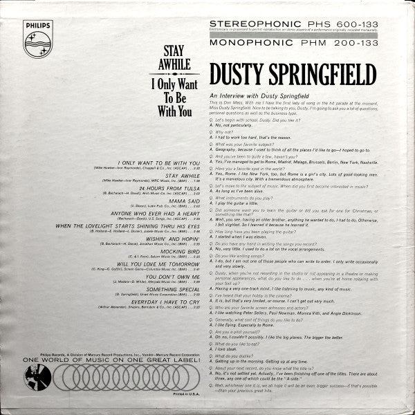 Dusty Springfield : Stay Awhile - I Only Want To Be With You (LP, Album, Ric)