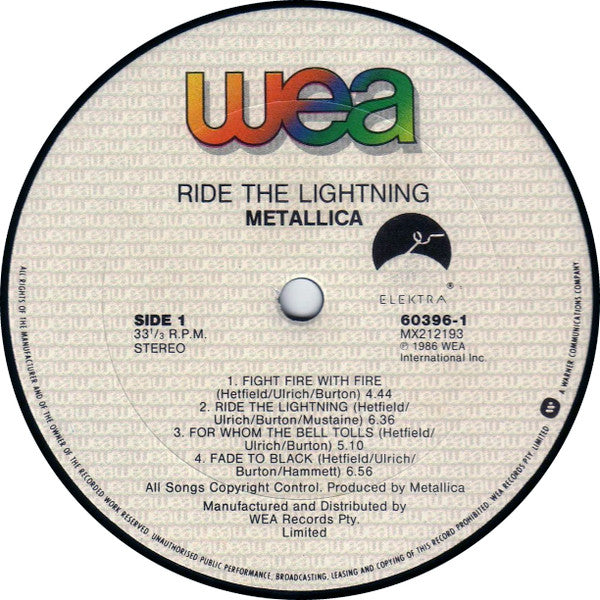 Metallica : Ride The Lightning (LP, Album, RE)