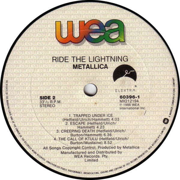 Metallica : Ride The Lightning (LP, Album, RE)
