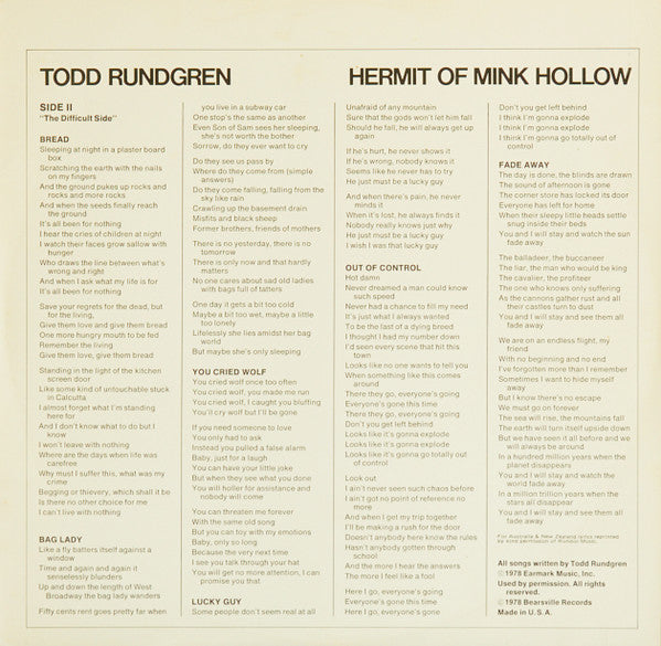 Todd Rundgren : Hermit Of Mink Hollow (LP, Album)
