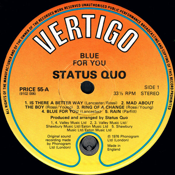 Status Quo : Blue For You (LP, Album, RE)