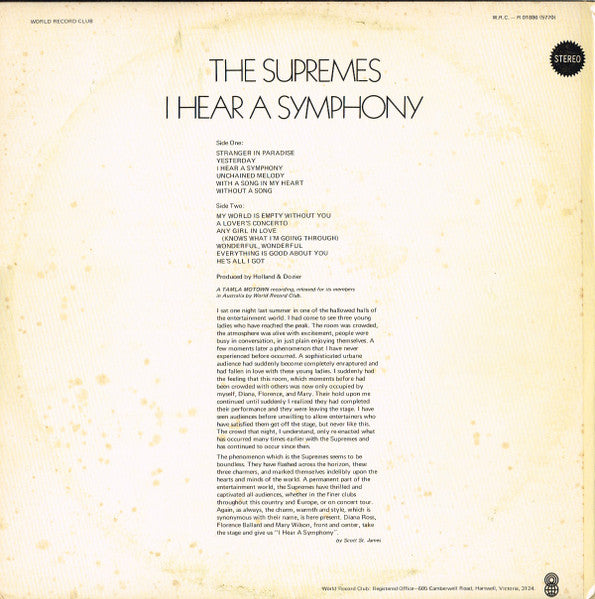 The Supremes : I Hear A Symphony (LP, Album, Club, RE)