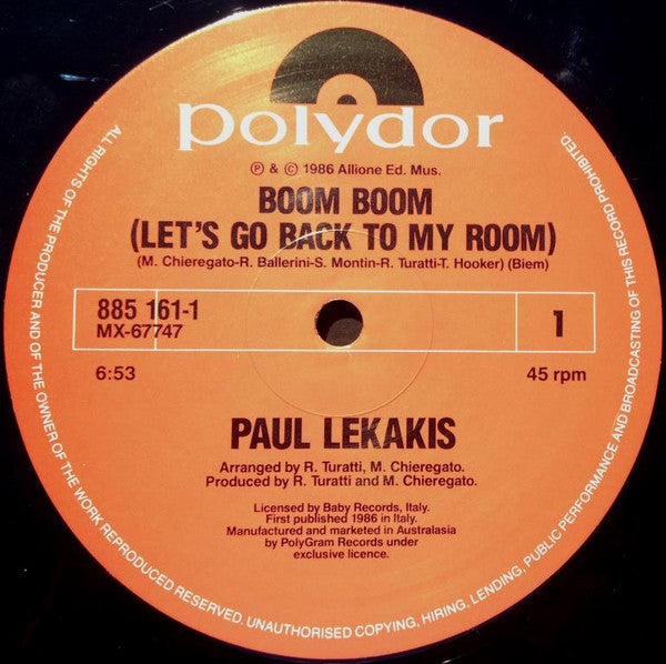 Paul Lekakis : Boom Boom (Let's Go Back To My Room) (12", Maxi)