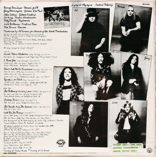 Lynyrd Skynyrd : Second Helping (LP, Album, RE, RP, Pin)