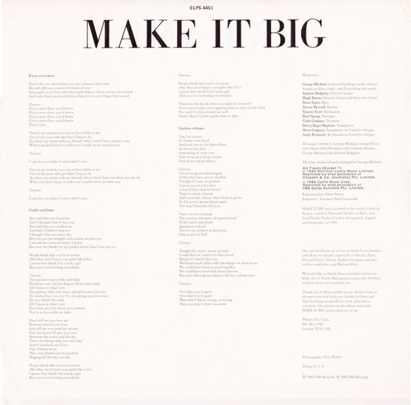 Wham! : Make It Big (LP, Album, wit)