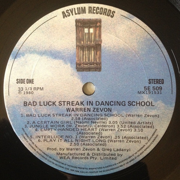 Warren Zevon : Bad Luck Streak In Dancing School (LP, Album)