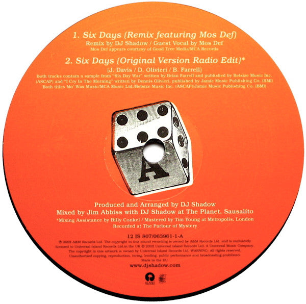 DJ Shadow : Six Days (12", Single)