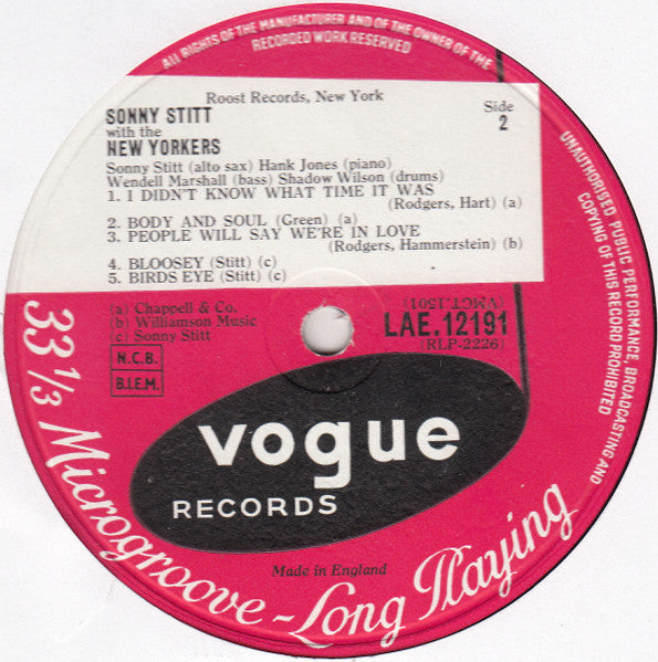 Sonny Stitt With The New Yorkers (4) : Sonny Stitt With The New Yorkers (LP, Album, Mono)