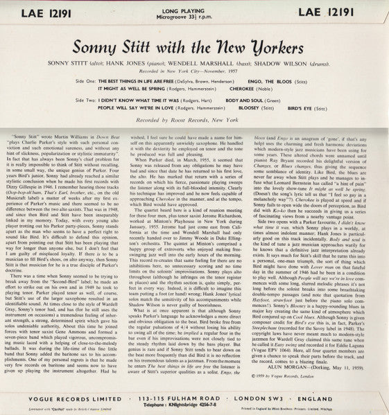 Sonny Stitt With The New Yorkers (4) : Sonny Stitt With The New Yorkers (LP, Album, Mono)
