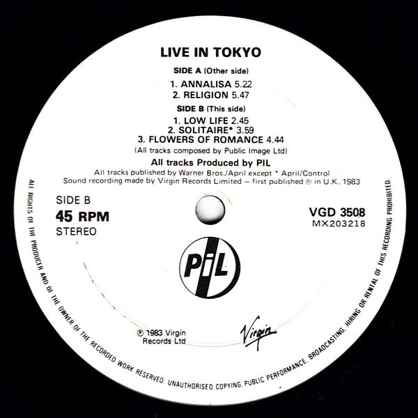 Public Image Limited : Live In Tokyo (2x12", Album)