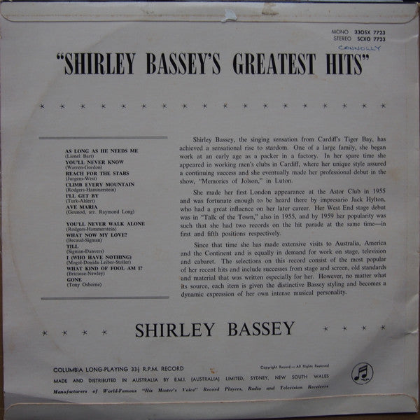 Shirley Bassey : Shirley Bassey's Greatest Hits (LP, Comp, Mono)