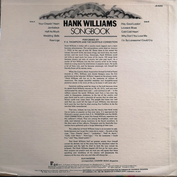 P.K. Thompson : Hank Williams Songbook (LP, Comp)