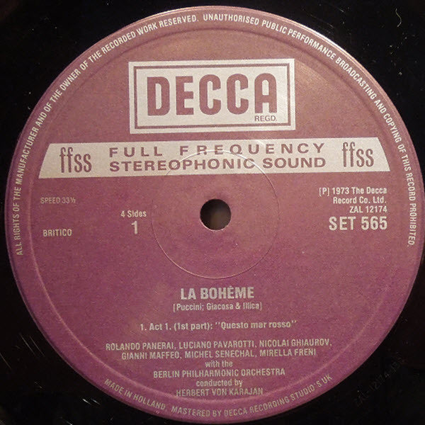 Giacomo Puccini - Luciano Pavarotti · Mirella Freni · Nicolai Ghiaurov · Elizabeth Harwood · Rolando Panerai · Gianni Maffeo · Berliner Philharmoniker · Herbert von Karajan : La Bohème (2xLP, RP + Box)