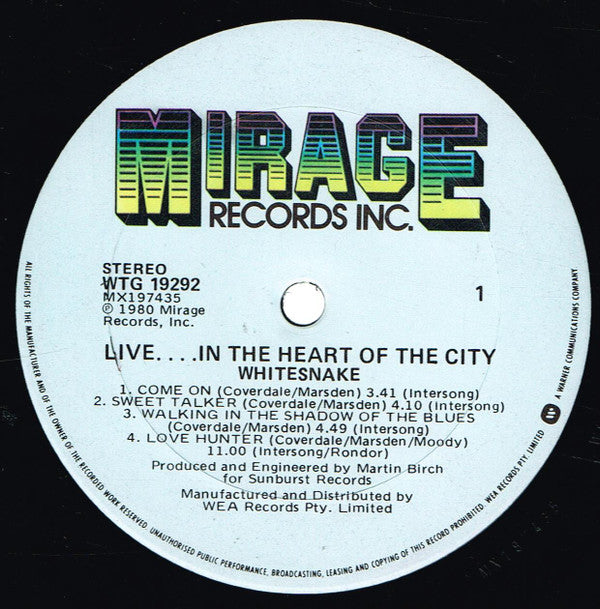 Whitesnake : Live... In The Heart Of The City (LP, Album)