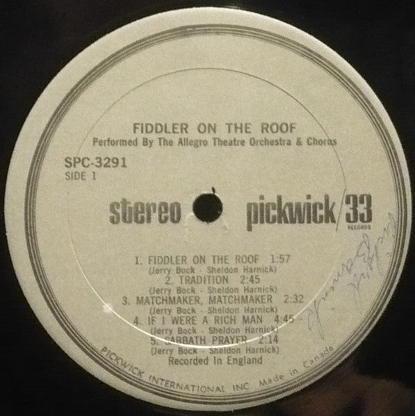 The Allegro Theatre Orchestra And Chorus, Jerry Bock : Musical Favorites From Fiddler On The Roof (LP, Album, RE)