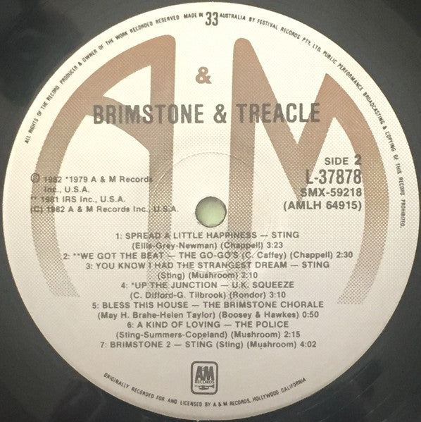 Various Featuring The Police, Sting, Go-Go's & Squeeze (2) : Brimstone & Treacle (Original Soundtrack Album) (LP, Comp)