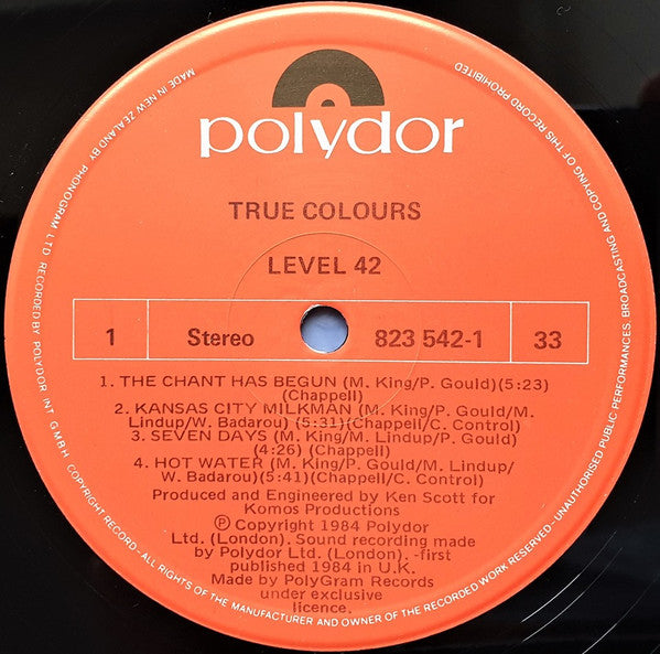 Level 42 : True Colours (LP, Album, 9 t)