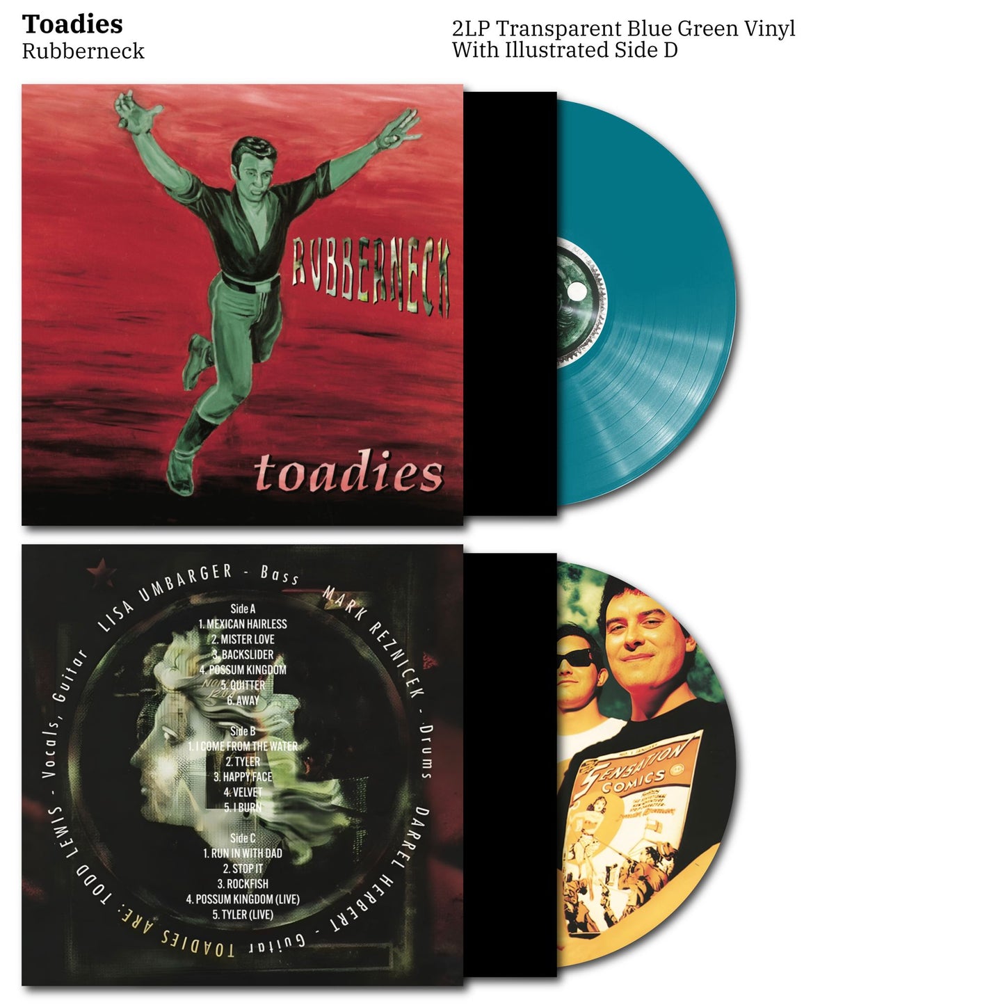 Vinyl record with colorful cover and blue-green disc toadies rubberneck