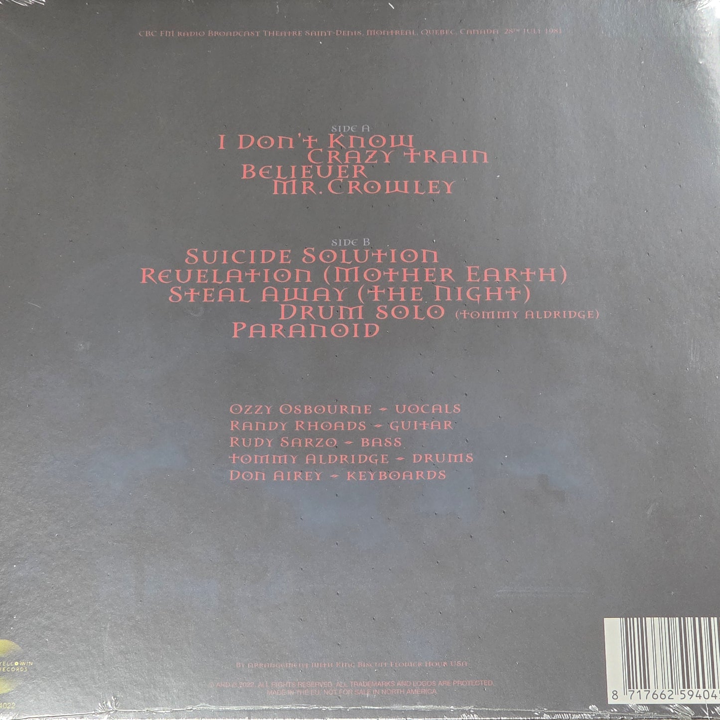 Ozzy Osbourne - Live In Montreal 1981 feat Randy Rhoads Vinyl Record Yellow Coloured