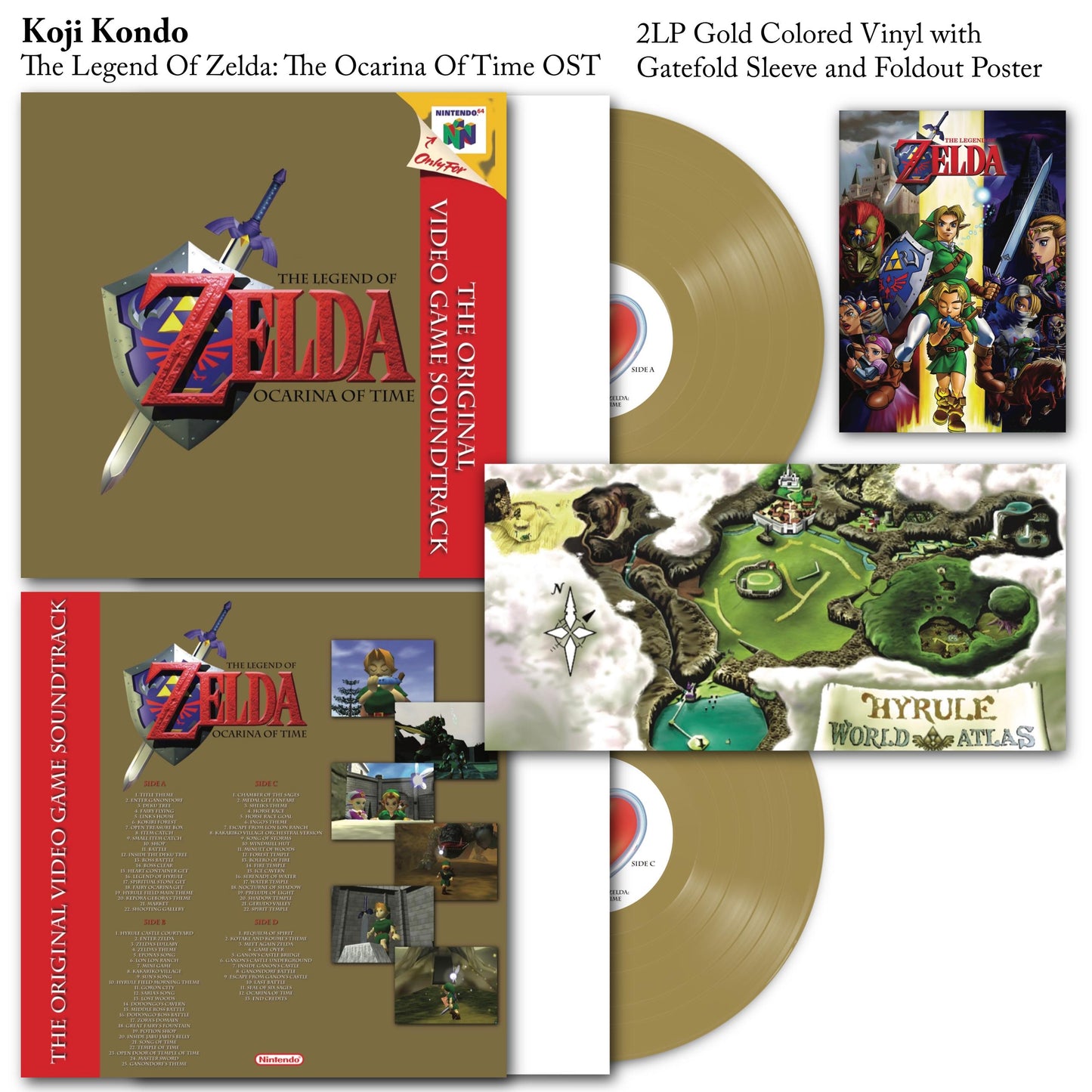 The Legend of Zelda - Ocarina of Time N64 OST Game Soundtrack - Koji Kondo Vinyl Record 2LP Gold Vinyl Inc Poster