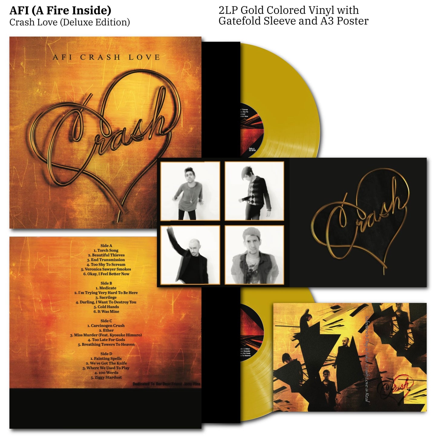 AFI - Crash Love Vinyl Record 2LP Gold (Coloured Vinyl Deluxe Edition ) A Fire Inside