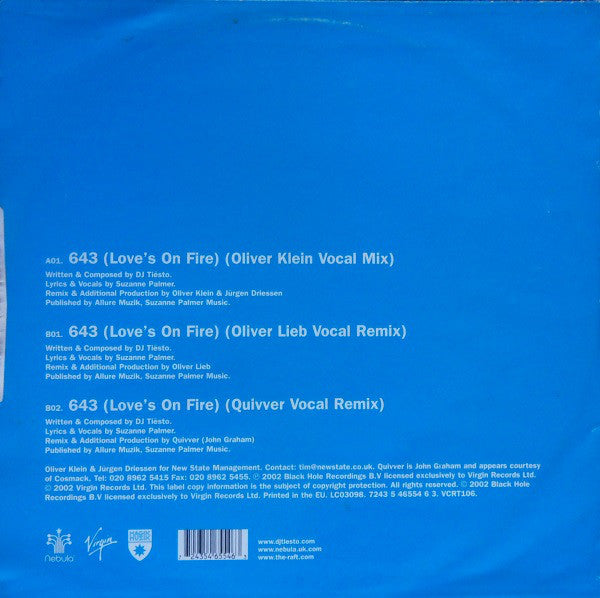 DJ Tiësto Featuring Suzanne Palmer : 643 (Love's On Fire) (12")
