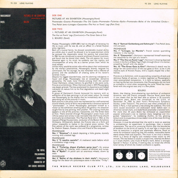 Modest Mussorgsky - Maurice Ravel, Sir Eugene Goossens, Royal Philharmonic Orchestra : Pictures At An Exhibition / Bolero (LP, Album, Mono, Club)