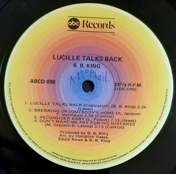 B.B. King : Lucille Talks Back (LP, Album, RE)