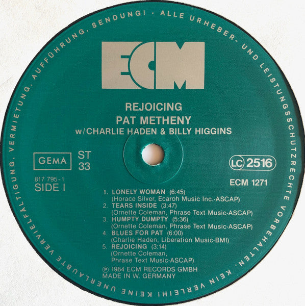Pat Metheny w/ Charlie Haden & Billy Higgins : Rejoicing (LP, Album)