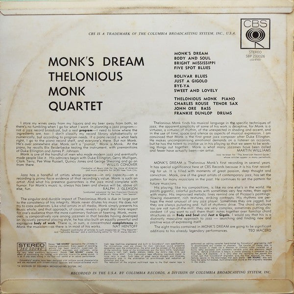 The Thelonious Monk Quartet : Monk's Dream (LP, Album)