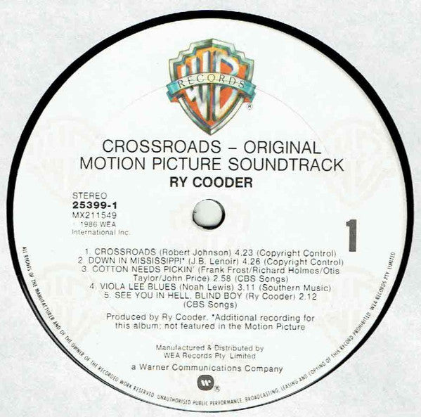 Ry Cooder : Crossroads - Original Motion Picture Soundtrack (LP, Album, RP)