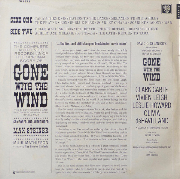 Max Steiner - Muir Mathieson Conducting The Sinfonia Of London : Gone With The Wind (LP, RE)