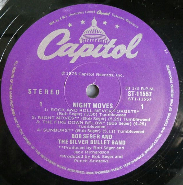 Bob Seger And The Silver Bullet Band : Night Moves (LP, Album, Pur)