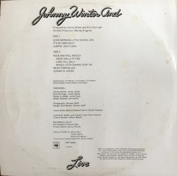 Johnny Winter And : Live (LP, Album)
