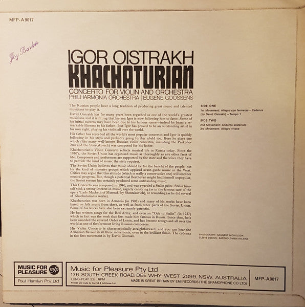 Aram Khatchaturian - Igor Oistrach, Philharmonia Orchestra, Sir Eugene Goossens : Khatchaturian Violin Concerto (LP, Mono, RE)