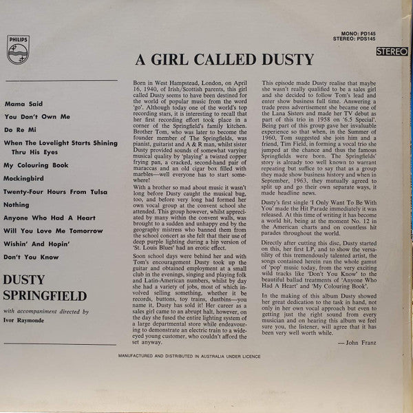 Dusty Springfield : A Girl Called Dusty (LP, Album, RE)