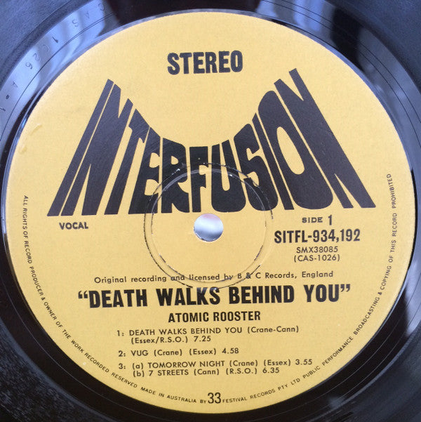 Atomic Rooster : Death Walks Behind You (LP, Album, Gat)