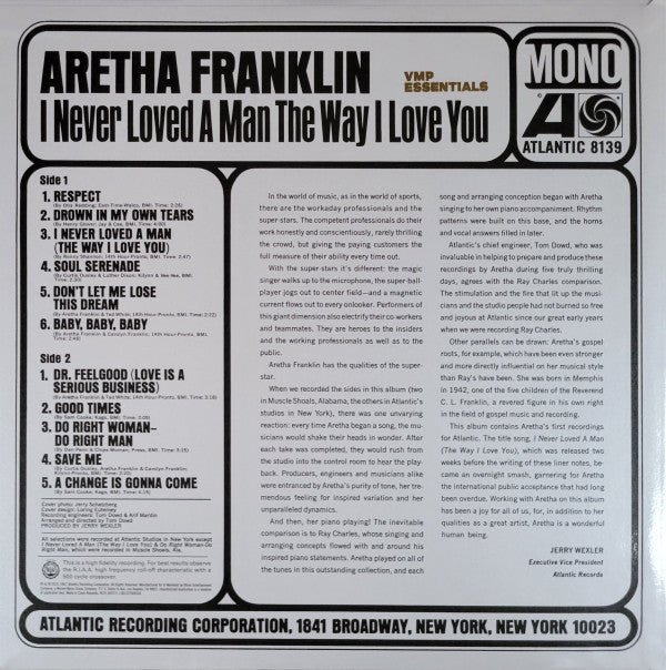 Aretha Franklin : I Never Loved A Man The Way I Love You (LP, Album, Mono, Club, RE, RM, RP, Pur)