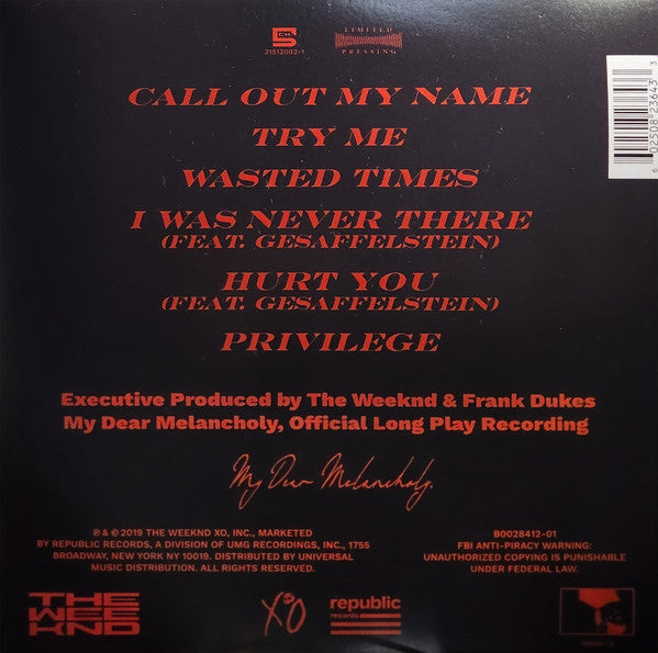 The Weeknd : My Dear Melancholy, (LP, S/Sided, EP, Etch, RE, 180)