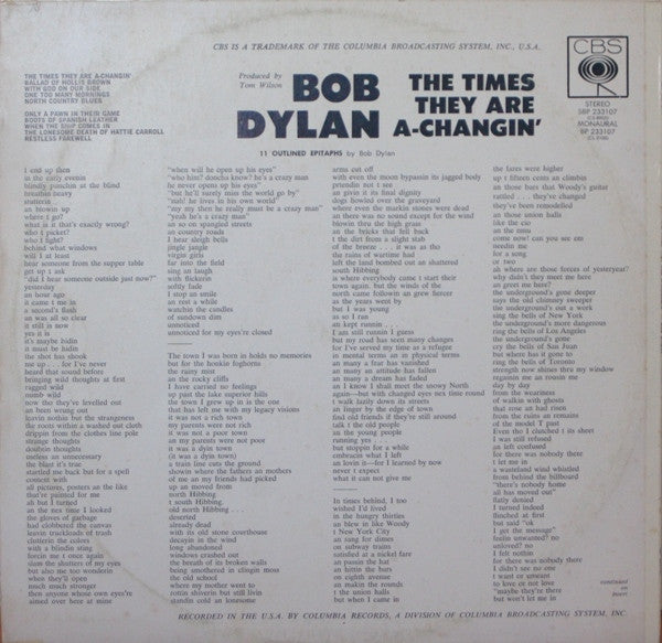 Bob Dylan : The Times They Are A-Changin' (LP, Album, RE)